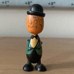 Vintage Wooden Figurine Hand Painted Bowler Derby Hat Tux Costello BowTie Waiter